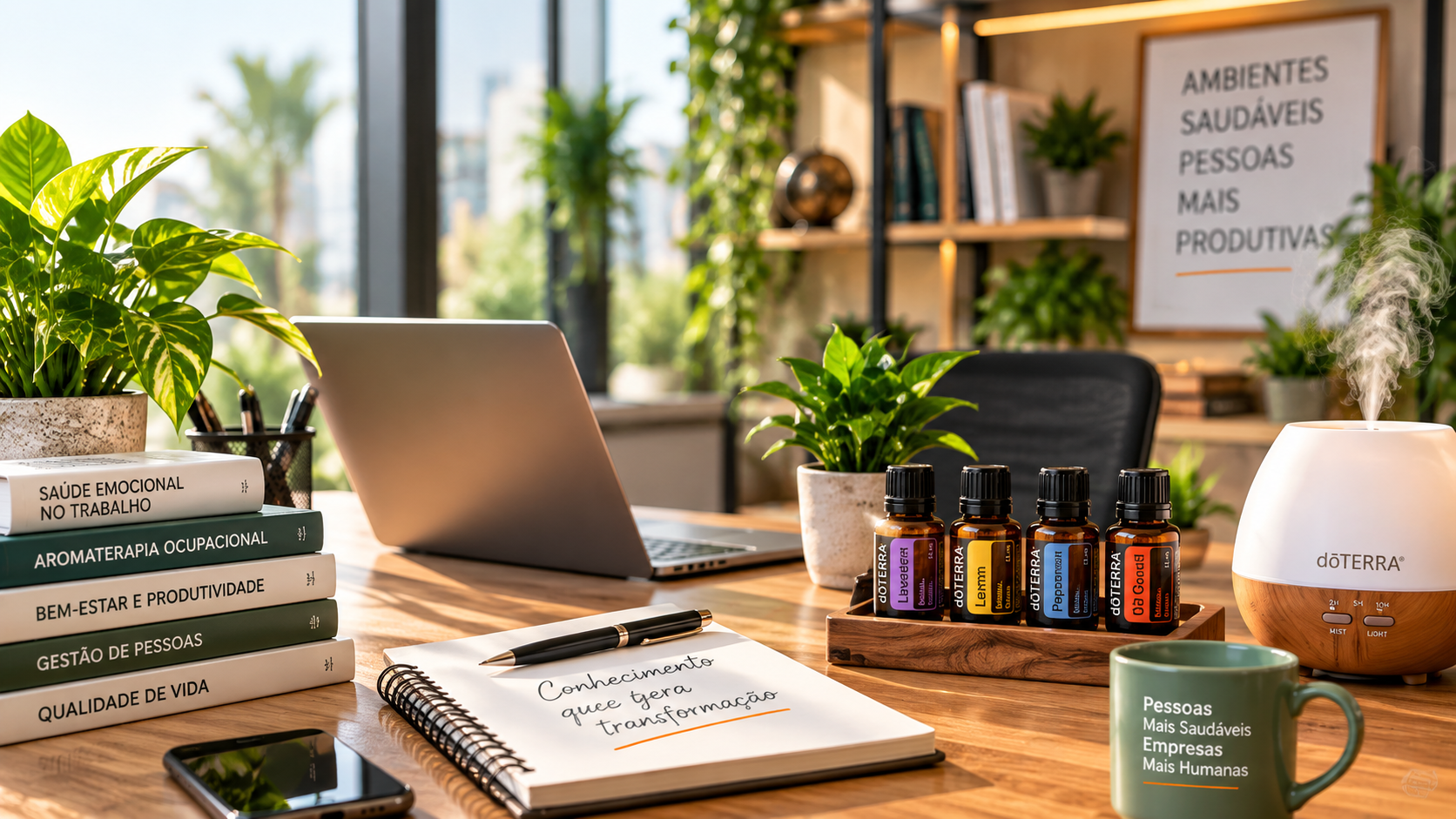 Espaço de estudo com aromaterapia e conteúdos profissionais